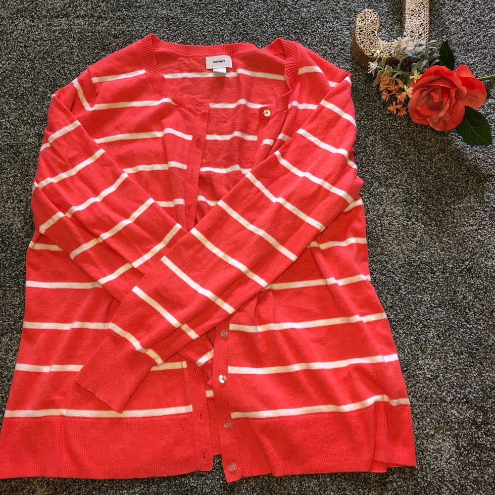 Coral and White Striped Old Navy Cardigan- Size XL